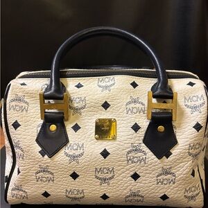 MCM White And Navy Handbag with Gold Accents
